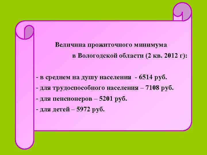  Величина прожиточного минимума в Вологодской области (2 кв. 2012 г): - в среднем