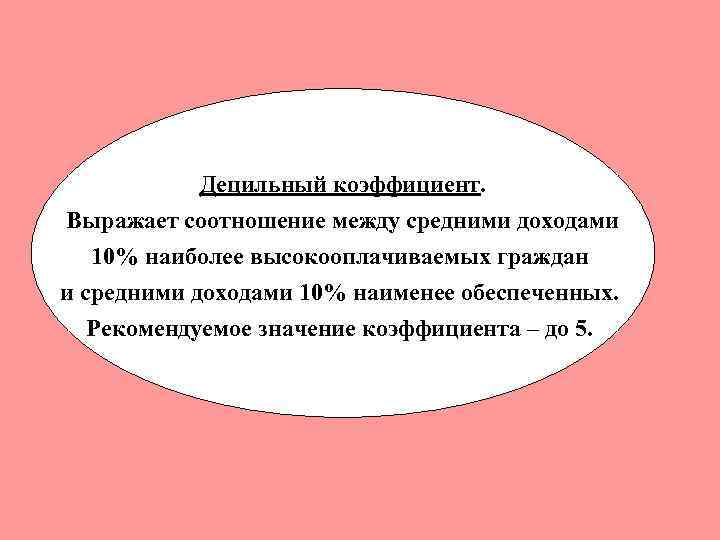 Децильный коэффициент. Выражает соотношение между средними доходами 10% наиболее высокооплачиваемых граждан и средними доходами
