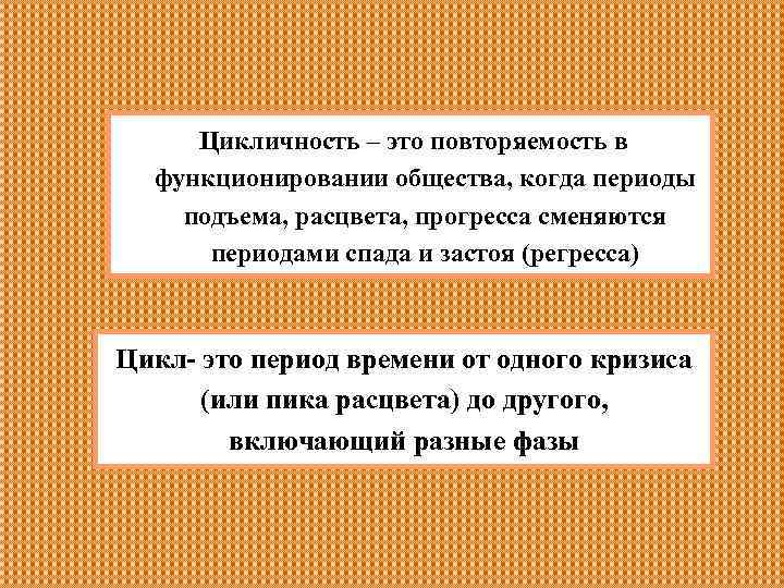  Цикличность – это повторяемость в функционировании общества, когда периоды подъема, расцвета, прогресса сменяются