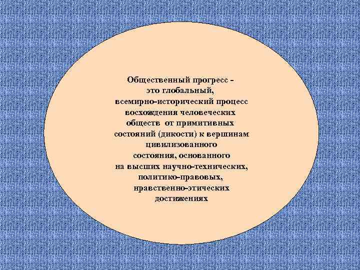 Общественный прогресс - это глобальный, всемирно-исторический процесс восхождения человеческих обществ от примитивных состояний (дикости)
