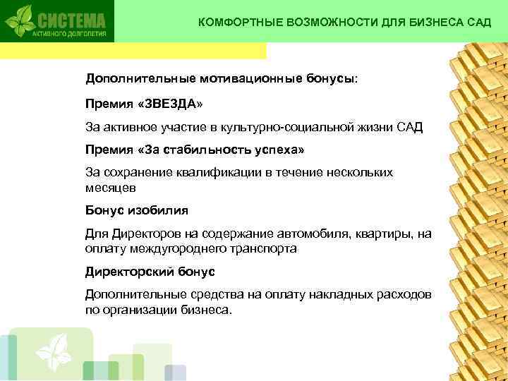 КОМФОРТНЫЕ ВОЗМОЖНОСТИ ДЛЯ БИЗНЕСА САД Дополнительные мотивационные бонусы: Премия «ЗВЕЗДА» За активное участие в
