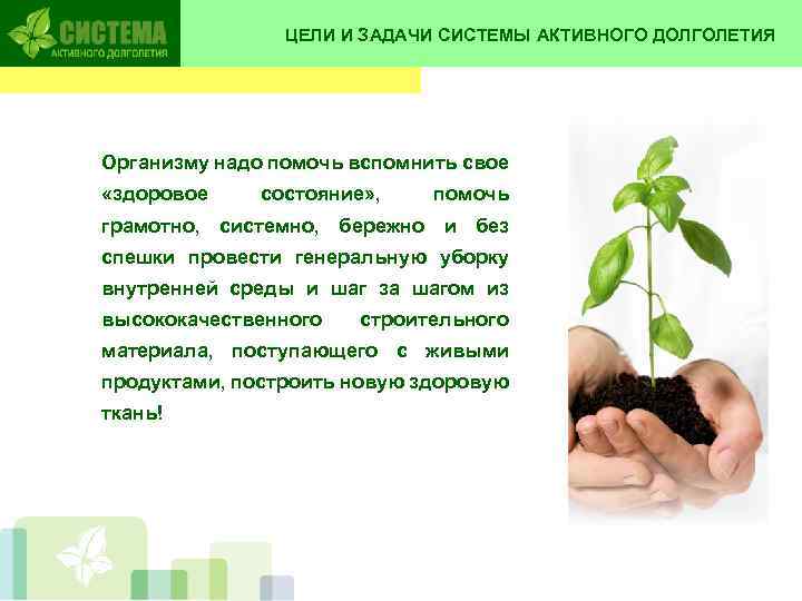 ЦЕЛИ И ЗАДАЧИ СИСТЕМЫ АКТИВНОГО ДОЛГОЛЕТИЯ Организму надо помочь вспомнить свое «здоровое состояние» ,