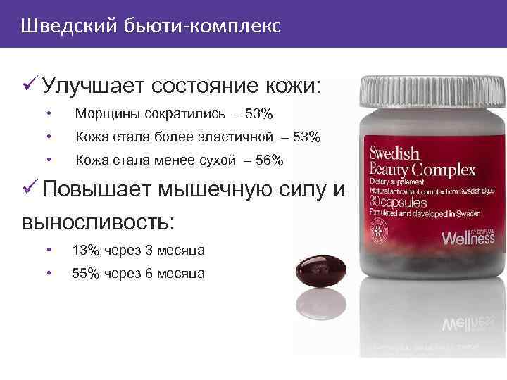 Шведский бьюти-комплекс ü Улучшает состояние кожи: • Морщины сократились – 53% • Кожа стала