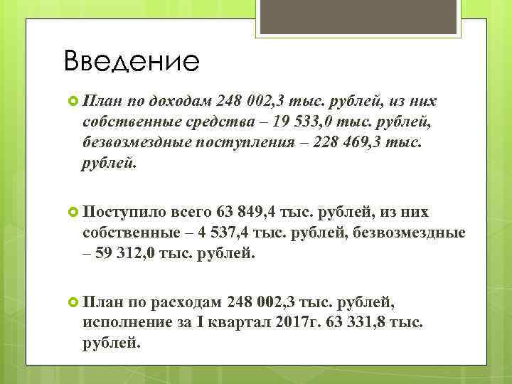 Введение План по доходам 248 002, 3 тыс. рублей, из них собственные средства –