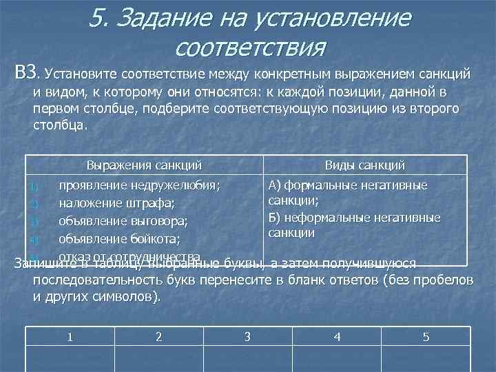 5. Задание на установление соответствия В 3. Установите соответствие между конкретным выражением санкций и