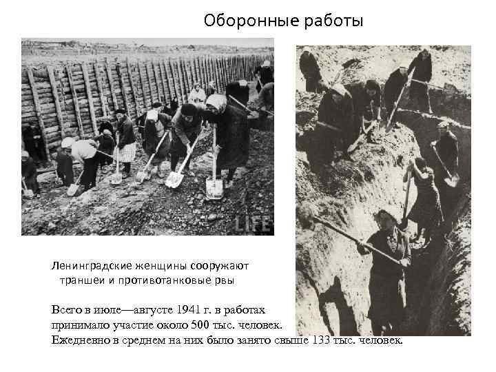 Оборонные работы Ленинградские женщины сооружают траншеи и противотанковые рвы Всего в июле—августе 1941 г.