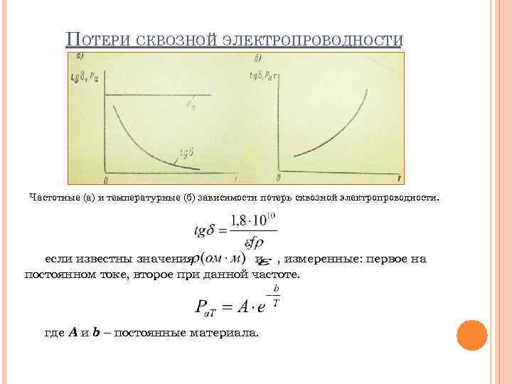 ПОТЕРИ СКВОЗНОЙ ЭЛЕКТРОПРОВОДНОСТИ Частотные (а) и температурные (б) зависимости потерь сквозной электропроводности. если известны