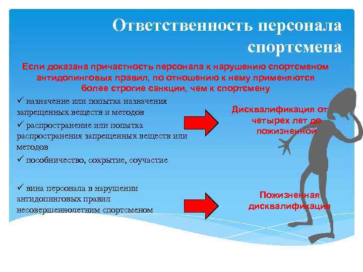 Ответственность персонала спортсмена Если доказана причастность персонала к нарушению спортсменом антидопинговых правил, по отношению