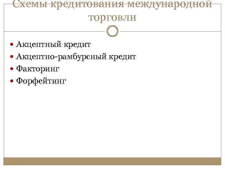 Схемы кредитования международной торговли Акцептный кредит Акцептно-рамбурсный кредит Факторинг Форфейтинг 