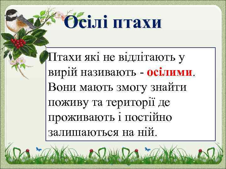 Осілі птахи Птахи які не відлітають у вирій називають - осілими. Вони мають змогу