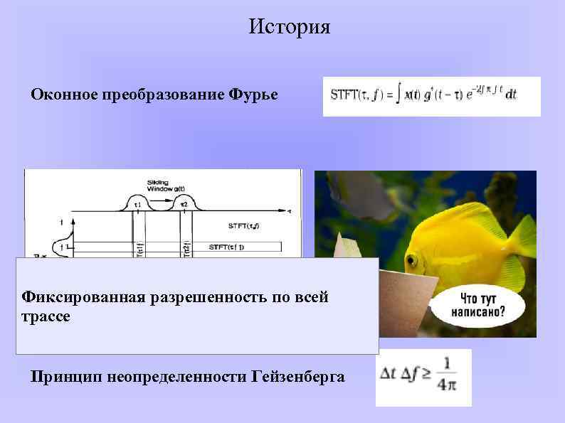 История Оконное преобразование Фурье Фиксированная разрешенность по всей трассе Принцип неопределенности Гейзенберга 