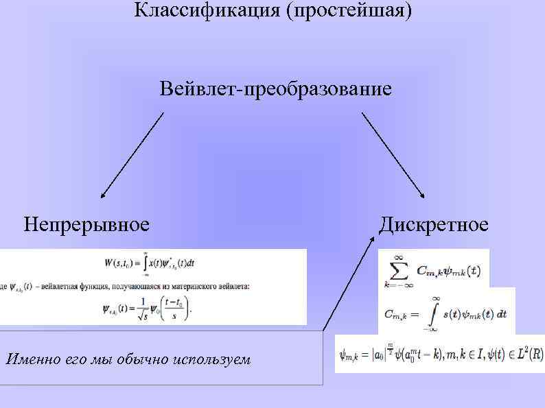 Классификация (простейшая) Вейвлет-преобразование Непрерывное Именно его мы обычно используем Дискретное 