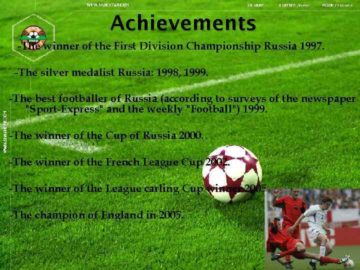 Achievements -The winner of the First Division Championship Russia 1997. -The silver medalist Russia: