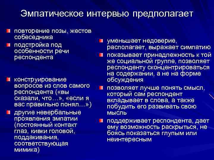 Эмпатическое интервью предполагает повторение позы, жестов собеседника подстройка под особенности речи респондента конструирование вопросов