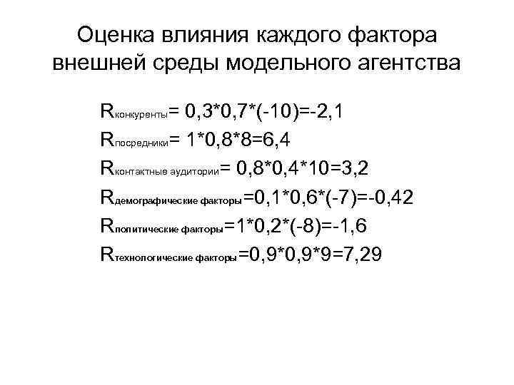 Оценка влияния каждого фактора внешней среды модельного агентства Rконкуренты= 0, 3*0, 7*(-10)=-2, 1 Rпосредники=