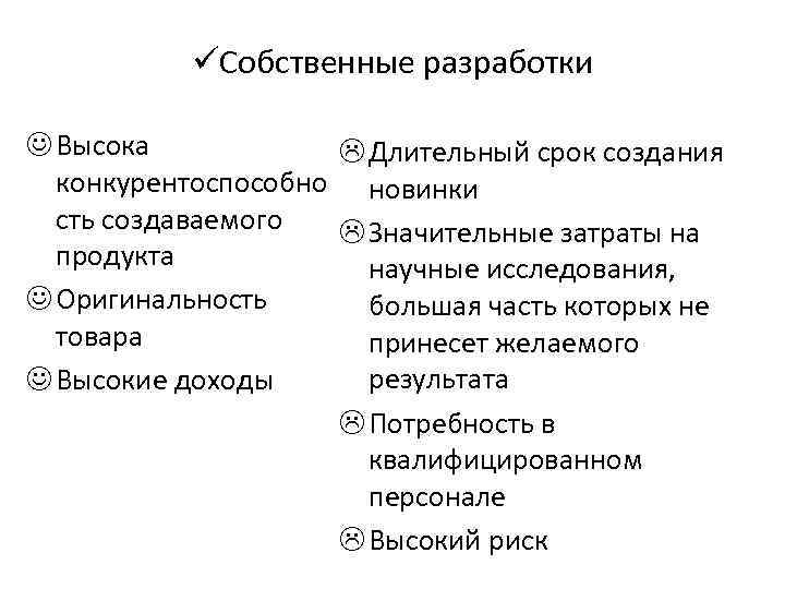 üСобственные разработки J Высока L Длительный срок создания конкурентоспособно новинки сть создаваемого L Значительные