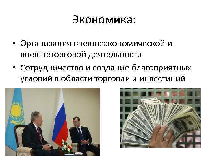 Экономика: • Организация внешнеэкономической и внешнеторговой деятельности • Сотрудничество и создание благоприятных условий в