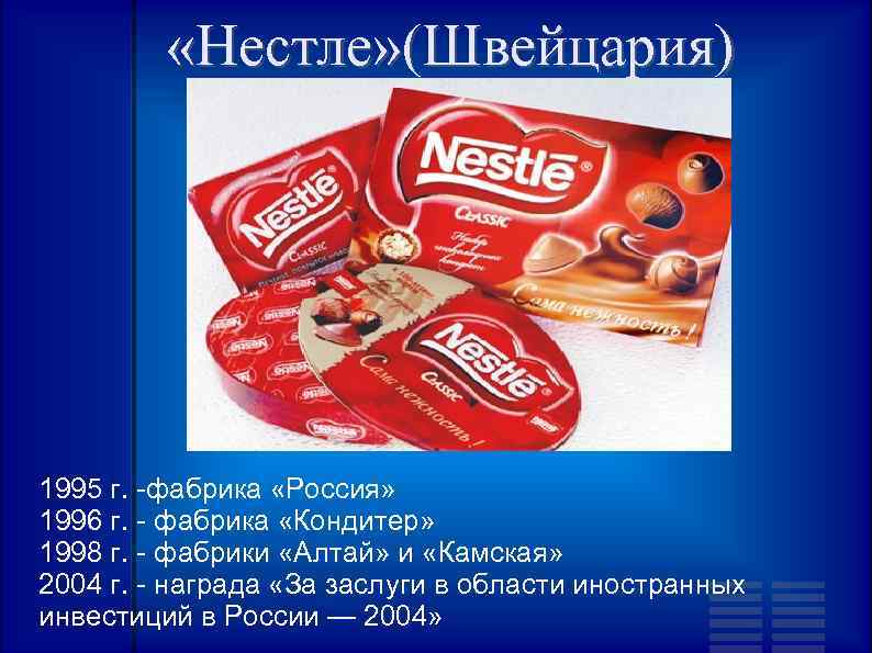  «Нестле» (Швейцария) 1995 г. -фабрика «Россия» 1996 г. - фабрика «Кондитер» 1998 г.