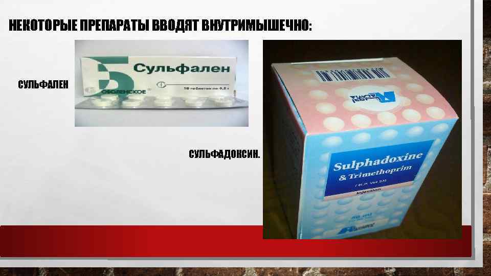 НЕКОТОРЫЕ ПРЕПАРАТЫ ВВОДЯТ ВНУТРИМЫШЕЧНО: СУЛЬФАЛЕН СУЛЬФАДОКСИН. 