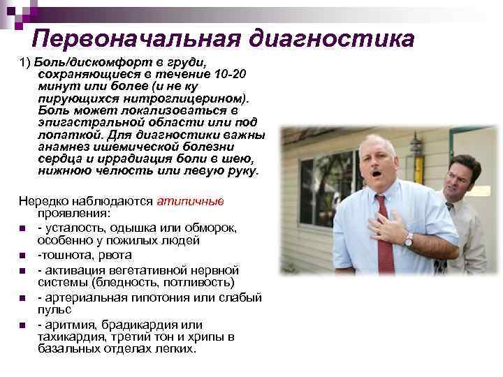 Первоначальная диагностика 1) Боль/дискомфорт в груди, сохраняющиеся в течение 10 -20 минут или более