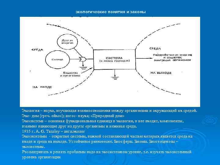 экологические понятия и законы Экология – наука, изучающая взаимоотношения между организмами и окружающей их