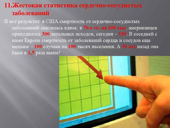 11. Жестокая статистика сердечно-сосудистых заболеваний И вот результат: в США смертность от сердечно-сосудистых заболеваний