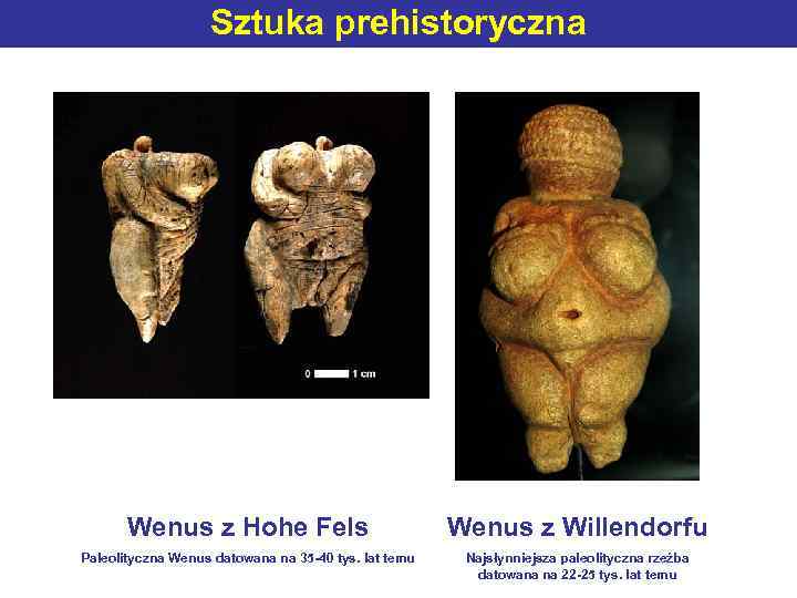 Sztuka prehistoryczna Wenus z Hohe Fels Wenus z Willendorfu Paleolityczna Wenus datowana na 35