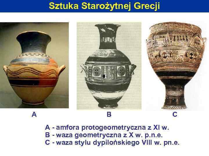 Sztuka Starożytnej Grecji A B C A - amfora protogeometryczna z XI w. B