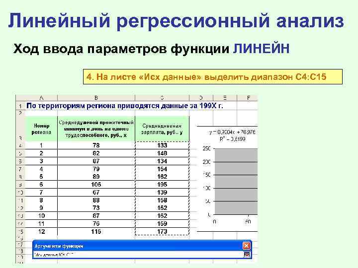 Линейный регрессионный анализ Ход ввода параметров функции ЛИНЕЙН 4. На листе «Исх данные» выделить