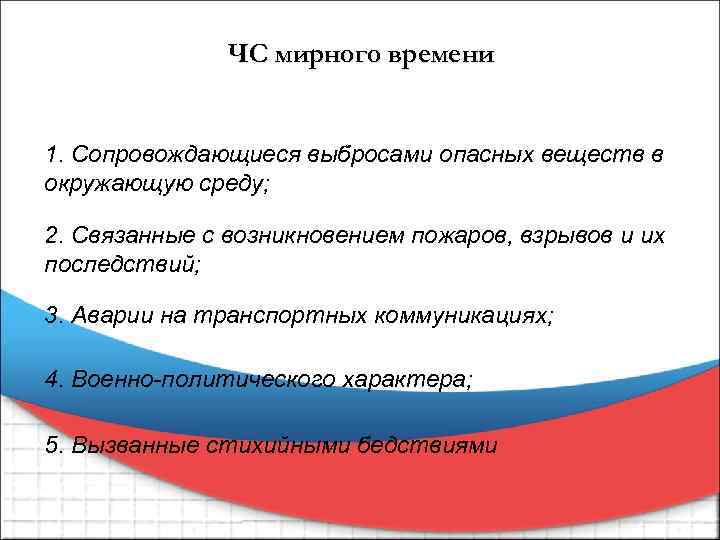 ЧС мирного времени 1. Сопровождающиеся выбросами опасных веществ в окружающую среду; 2. Связанные с