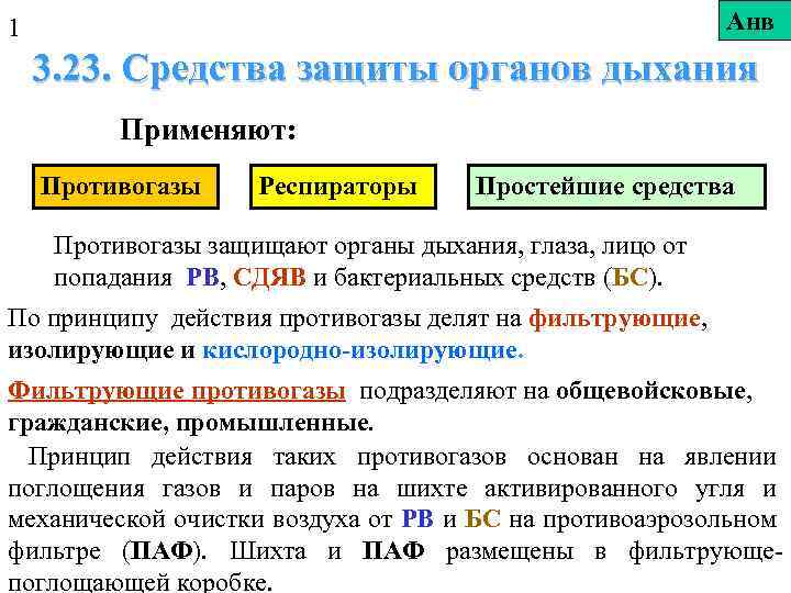 Анв 1 3. 23. Средства защиты органов дыхания Применяют: Противогазы Респираторы Простейшие средства Противогазы