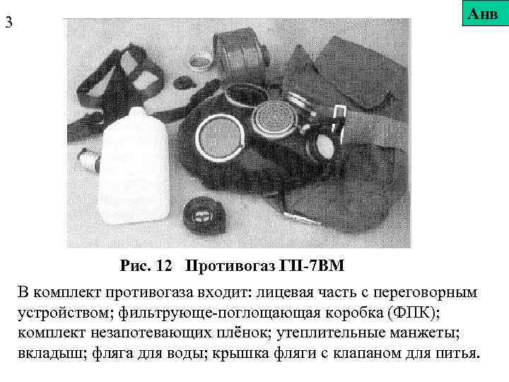 Анв 3 Рис. 12 Противогаз ГП-7 ВМ В комплект противогаза входит: лицевая часть с
