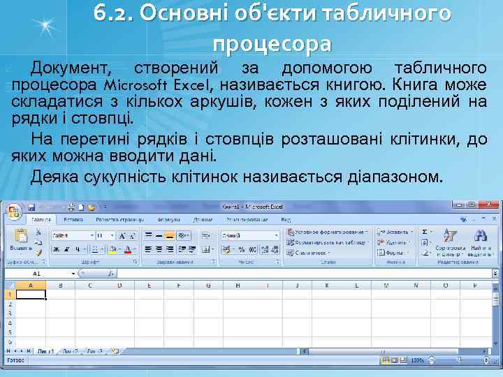 6. 2. Основні об'єкти табличного процесора Документ, створений за допомогою табличного процесора Microsoft Excel,