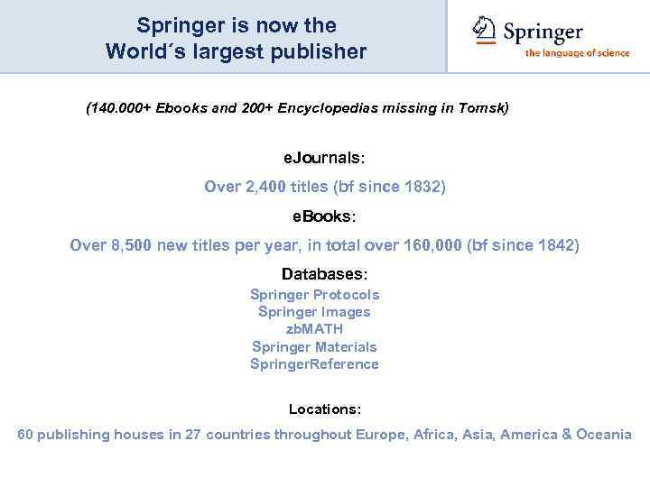 Springer is now the World´s largest publisher (140. 000+ Ebooks and 200+ Encyclopedias missing