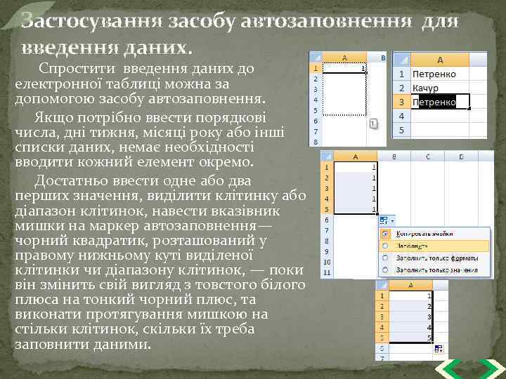 Застосування засобу автозаповнення для введення даних. Спростити введення даних до електронної таблиці можна за