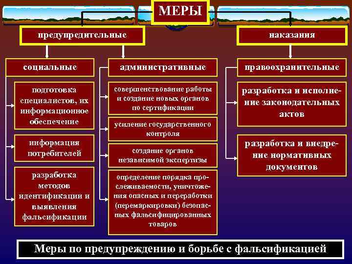 МЕРЫ предупредительные социальные подготовка специалистов, их информационное обеспечение информация потребителей разработка методов идентификации и