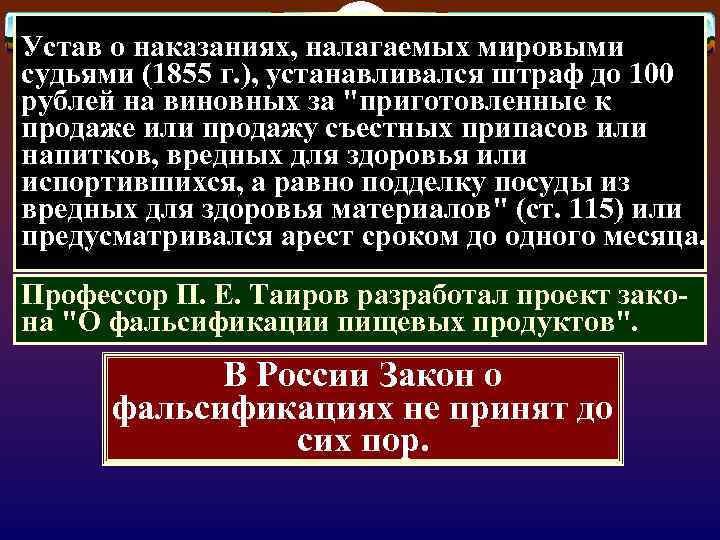 Устав о наказаниях, налагаемых мировыми судьями (1855 г. ), устанавливался штраф до 100 рублей