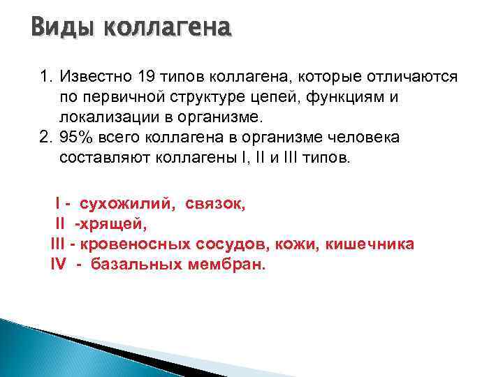 Виды коллагена 1. Известно 19 типов коллагена, которые отличаются по первичной структуре цепей, функциям