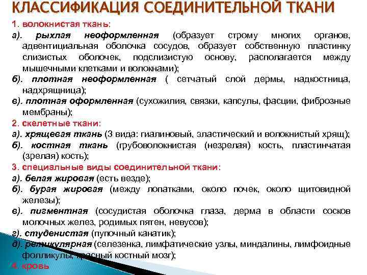 КЛАССИФИКАЦИЯ СОЕДИНИТЕЛЬНОЙ ТКАНИ 1. волокнистая ткань: а). рыхлая неоформленная (образует строму многих органов, адвентициальная