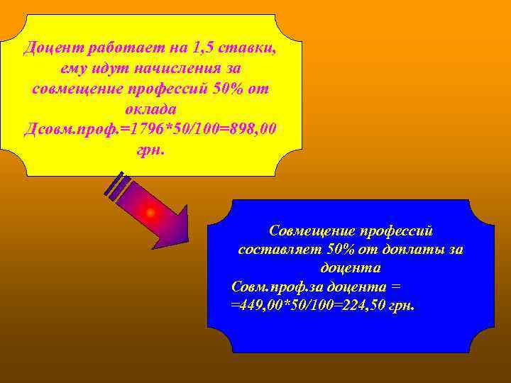 Доцент работает на 1, 5 ставки, ему идут начисления за совмещение профессий 50% от