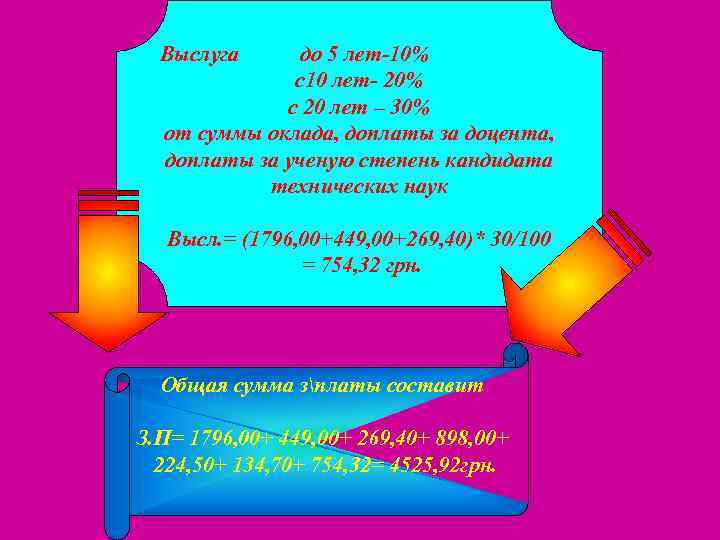 Выслуга до 5 лет-10% с10 лет- 20% с 20 лет – 30% от суммы