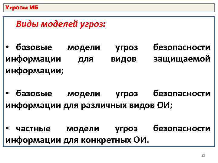 Угрозы ИБ Виды моделей угроз: • базовые модели информации для информации; угроз видов безопасности