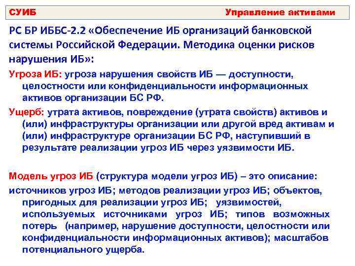 СУИБ Управление активами РС БР ИББС-2. 2 «Обеспечение ИБ организаций банковской системы Российской Федерации.