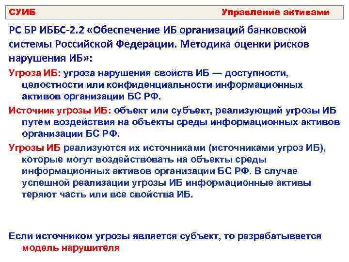 СУИБ Управление активами РС БР ИББС-2. 2 «Обеспечение ИБ организаций банковской системы Российской Федерации.