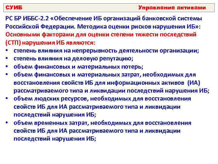 СУИБ Управление активами РС БР ИББС-2. 2 «Обеспечение ИБ организаций банковской системы Российской Федерации.