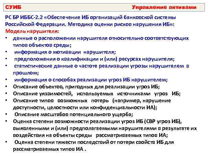СУИБ Управление активами РС БР ИББС-2. 2 «Обеспечение ИБ организаций банковской системы Российской Федерации.