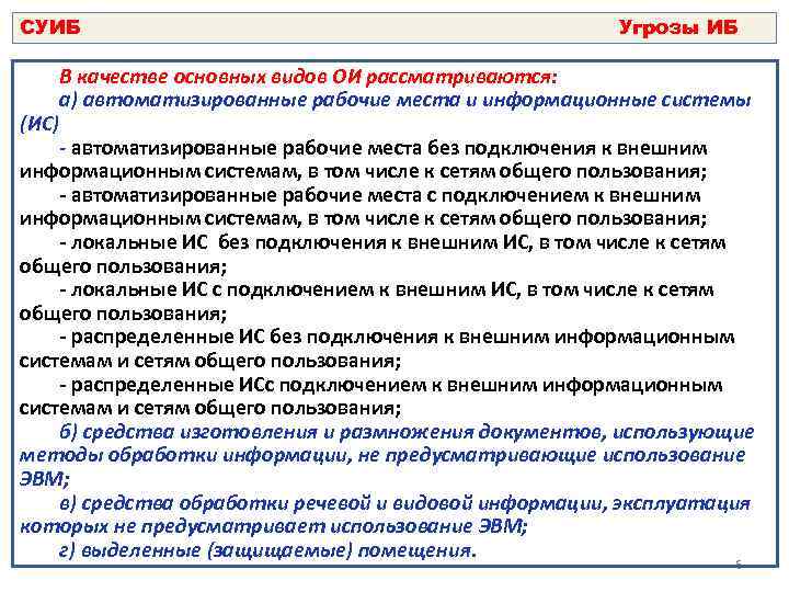 СУИБ (ИС) Угрозы ИБ В качестве основных видов ОИ рассматриваются: а) автоматизированные рабочие места