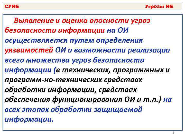 СУИБ Угрозы ИБ Выявление и оценка опасности угроз безопасности информации на ОИ осуществляется путем