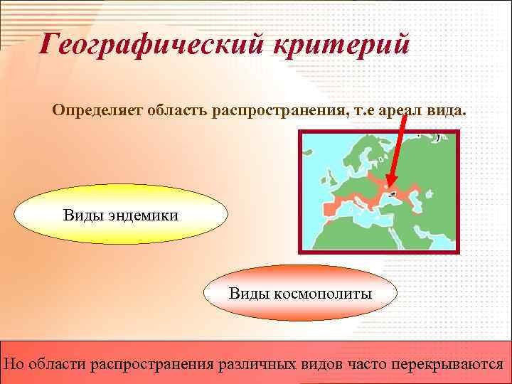 Географический критерий Определяет область распространения, т. е ареал вида. Виды эндемики Виды космополиты Но