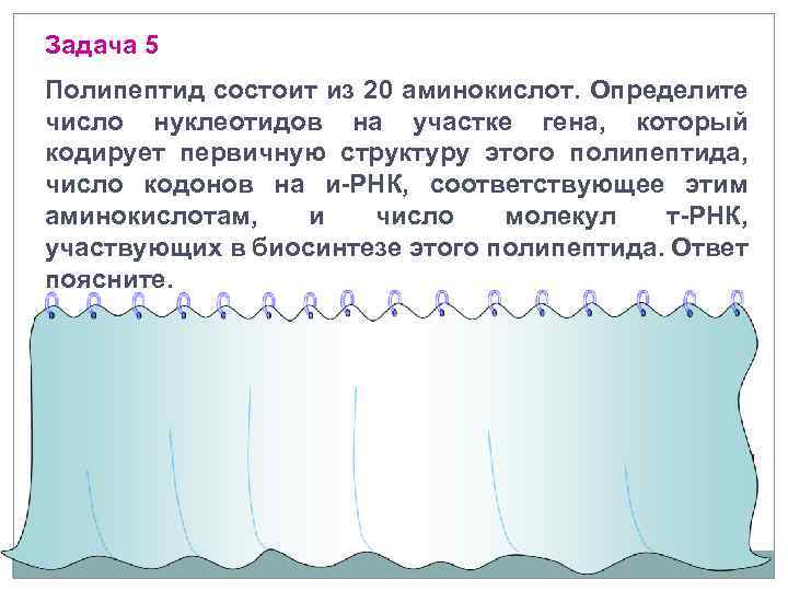 Задача 5 Полипептид состоит из 20 аминокислот. Определите число нуклеотидов на участке гена, который